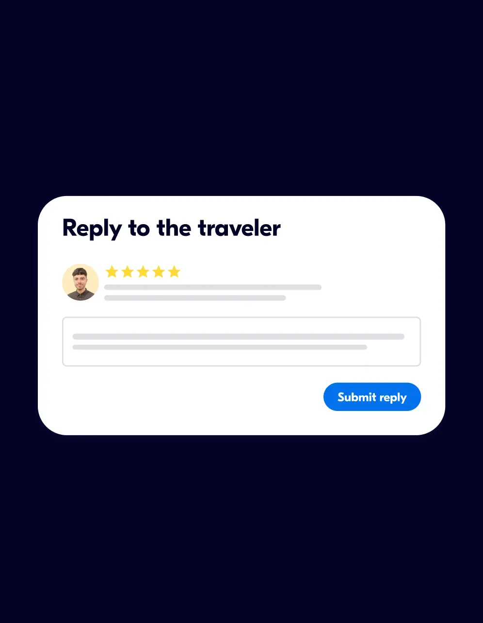 User interface panel with a five-star rating, a profile photo, a text box to reply to the traveler, and a blue 'Submit reply' button.