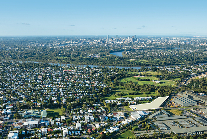 Aerial view of a sprawling suburban area with a river winding through it and a city skyline in the distance, labeled Evergreen Sherwood.