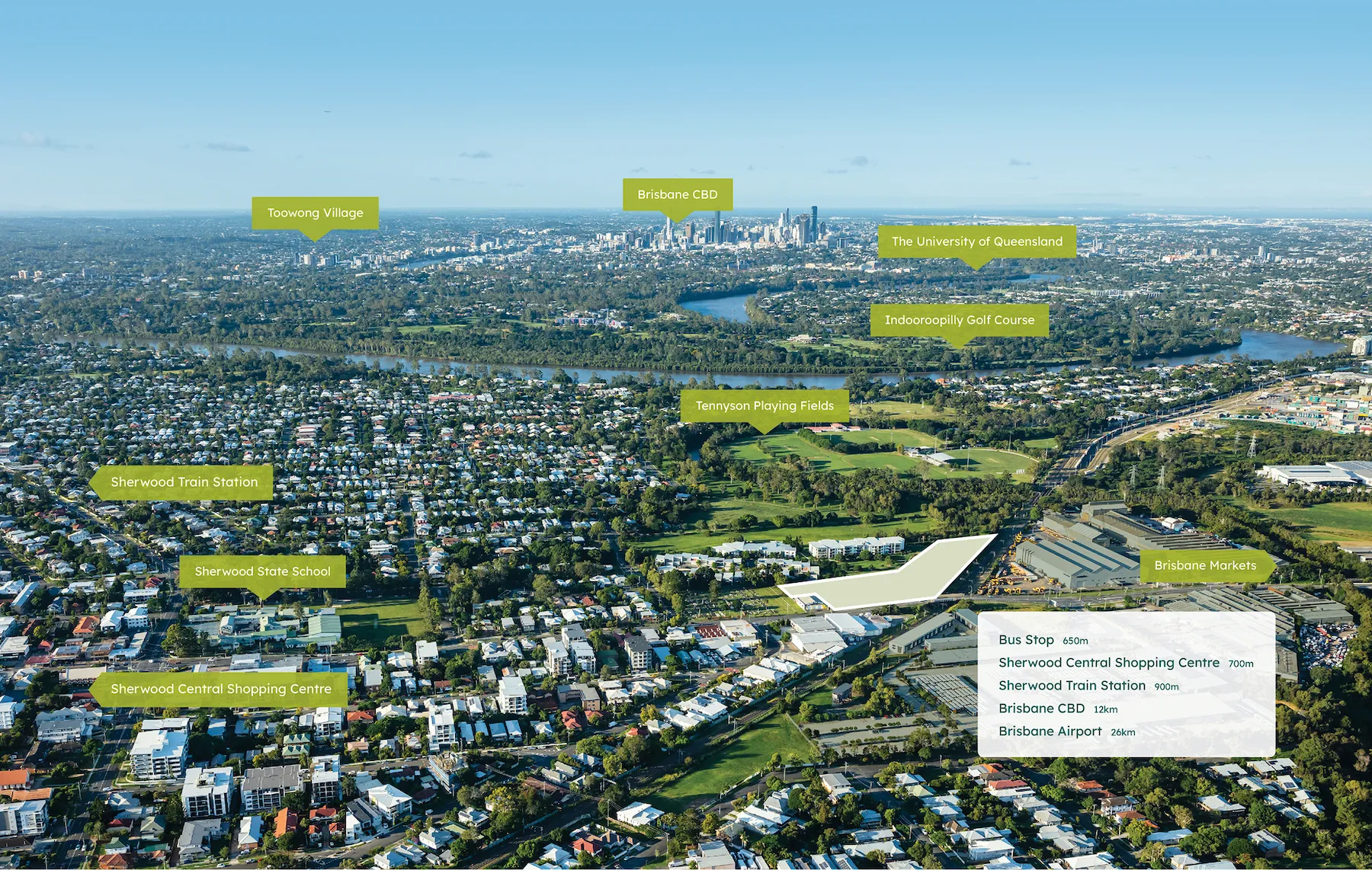 Aerial view of a sprawling suburban area with a river winding through it and a city skyline in the distance, labeled Evergreen Sherwood.