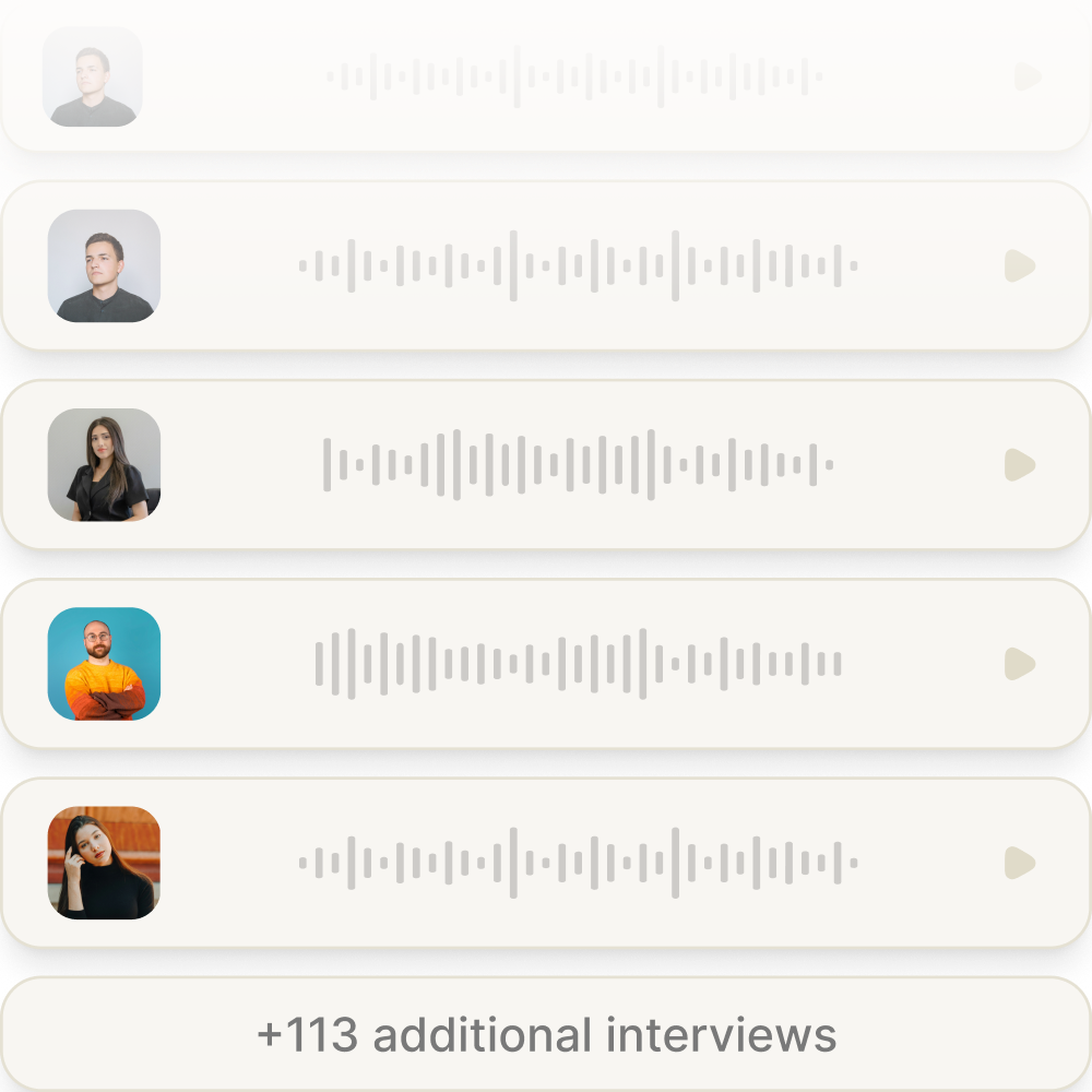 Four audio message bars with profile pictures of different people and a text bar below reading +113 additional interviews.