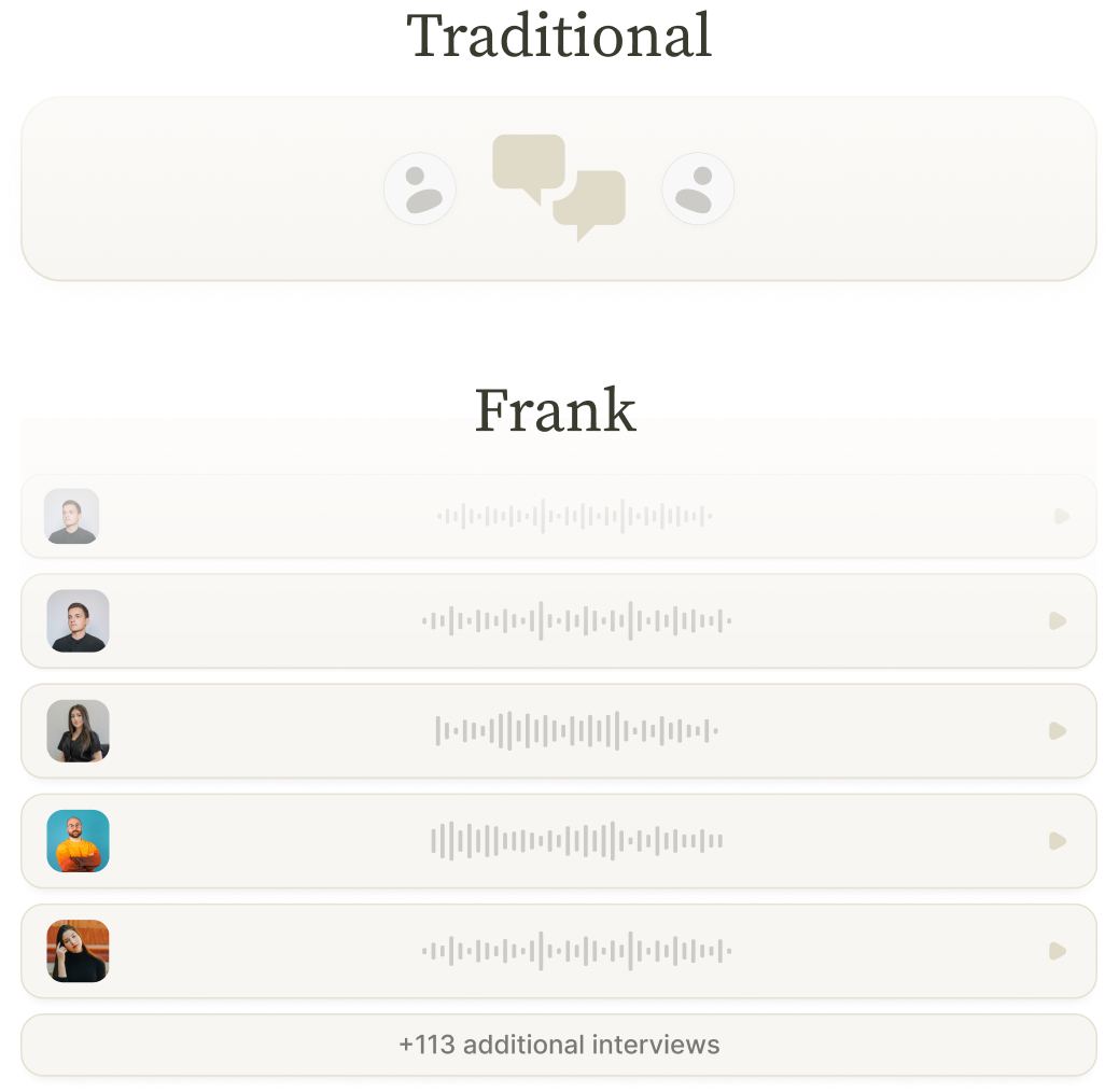 Four audio message bars with profile pictures of different people and a text bar below reading +113 additional interviews.