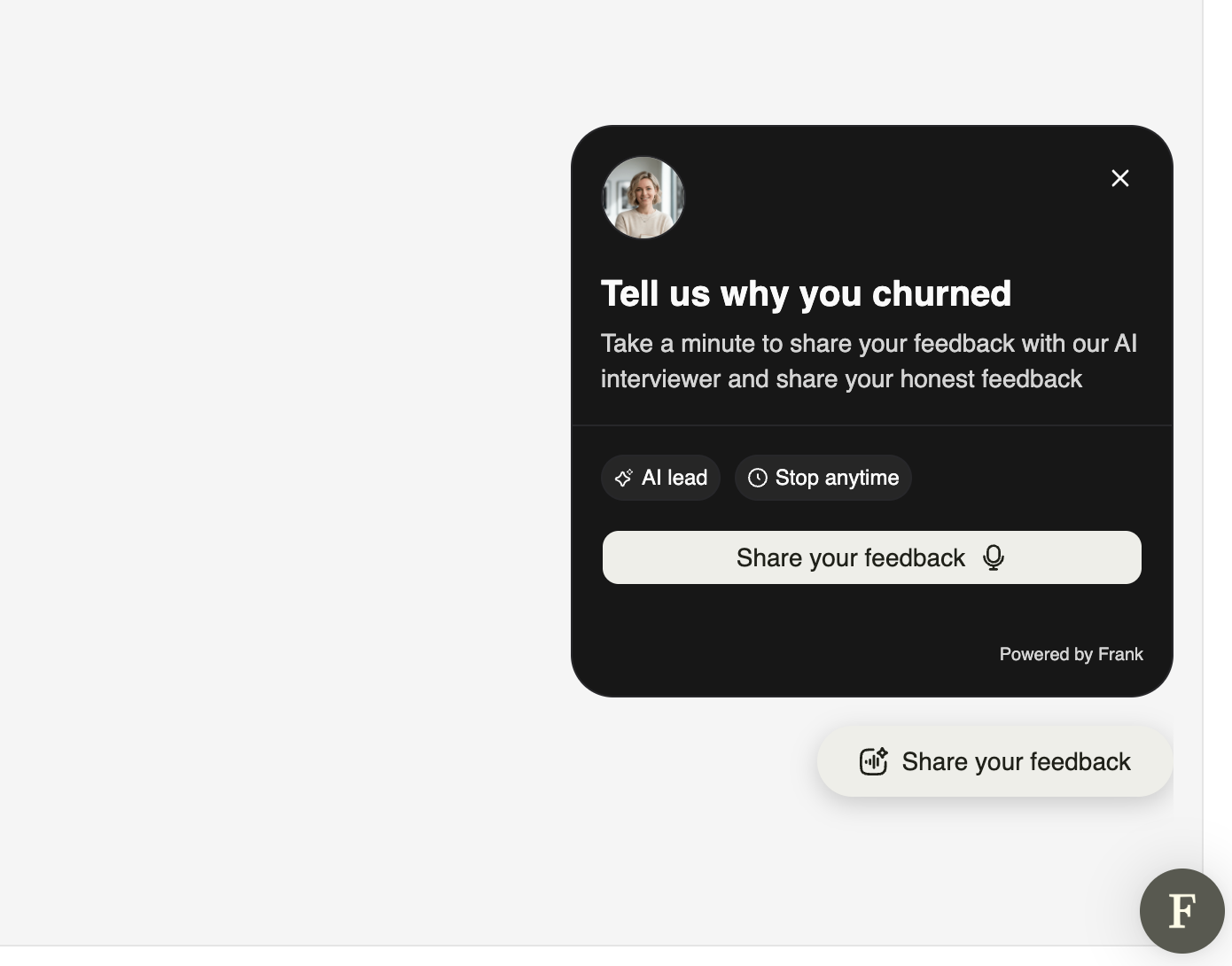 Screenshot of Frank’s floating interview widget on a customer cancellation page.