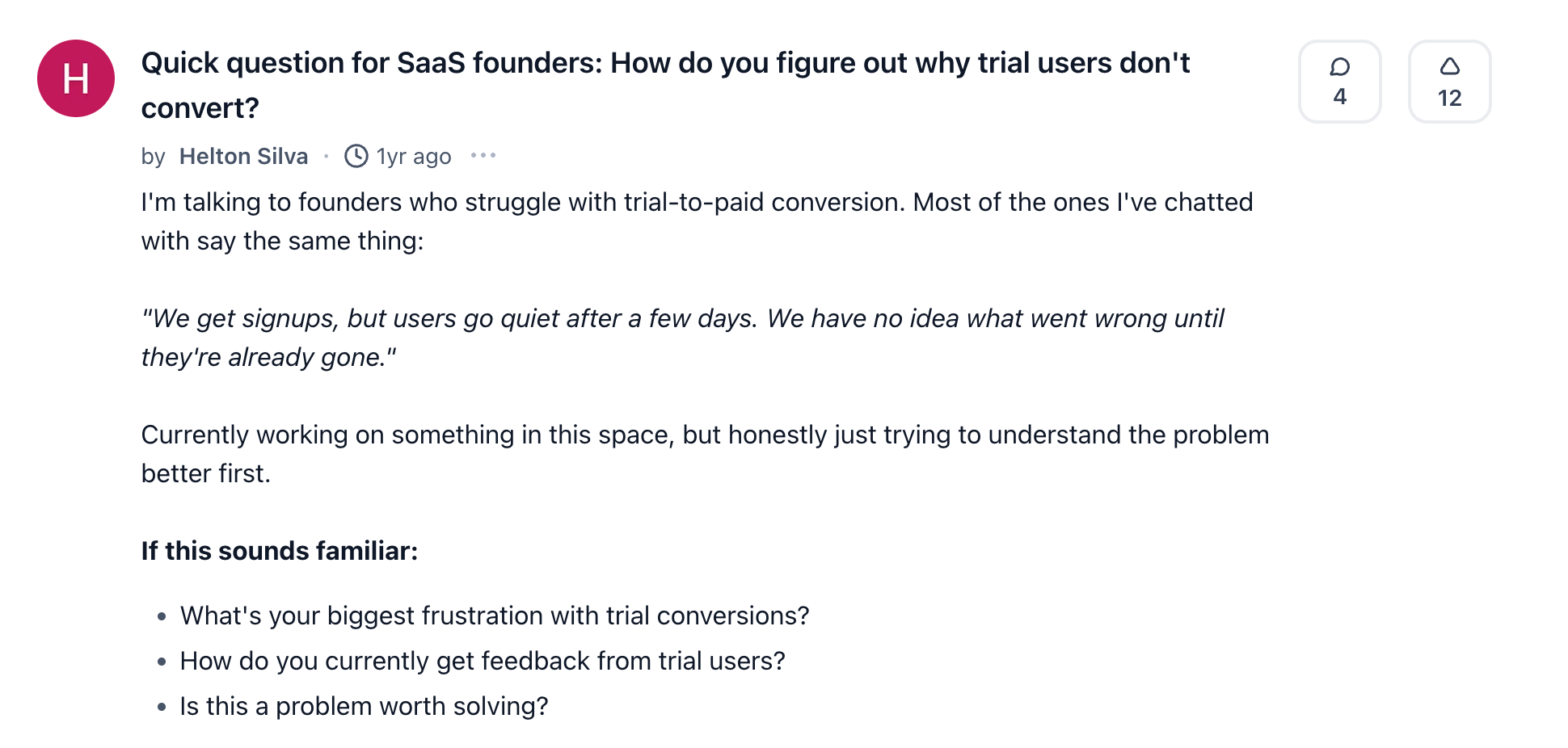 Screenshot of Helton Silva’s Product Hunt discussion about trial non-conversion among SaaS founders.