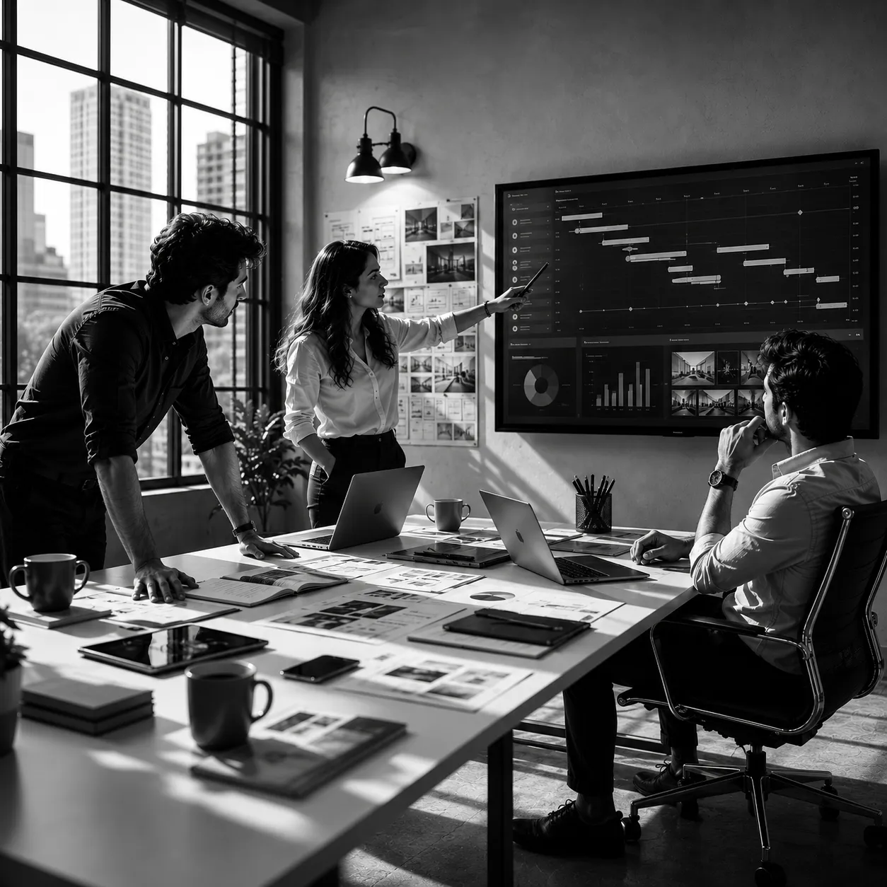 Team in a modern office discussing data on a digital display.