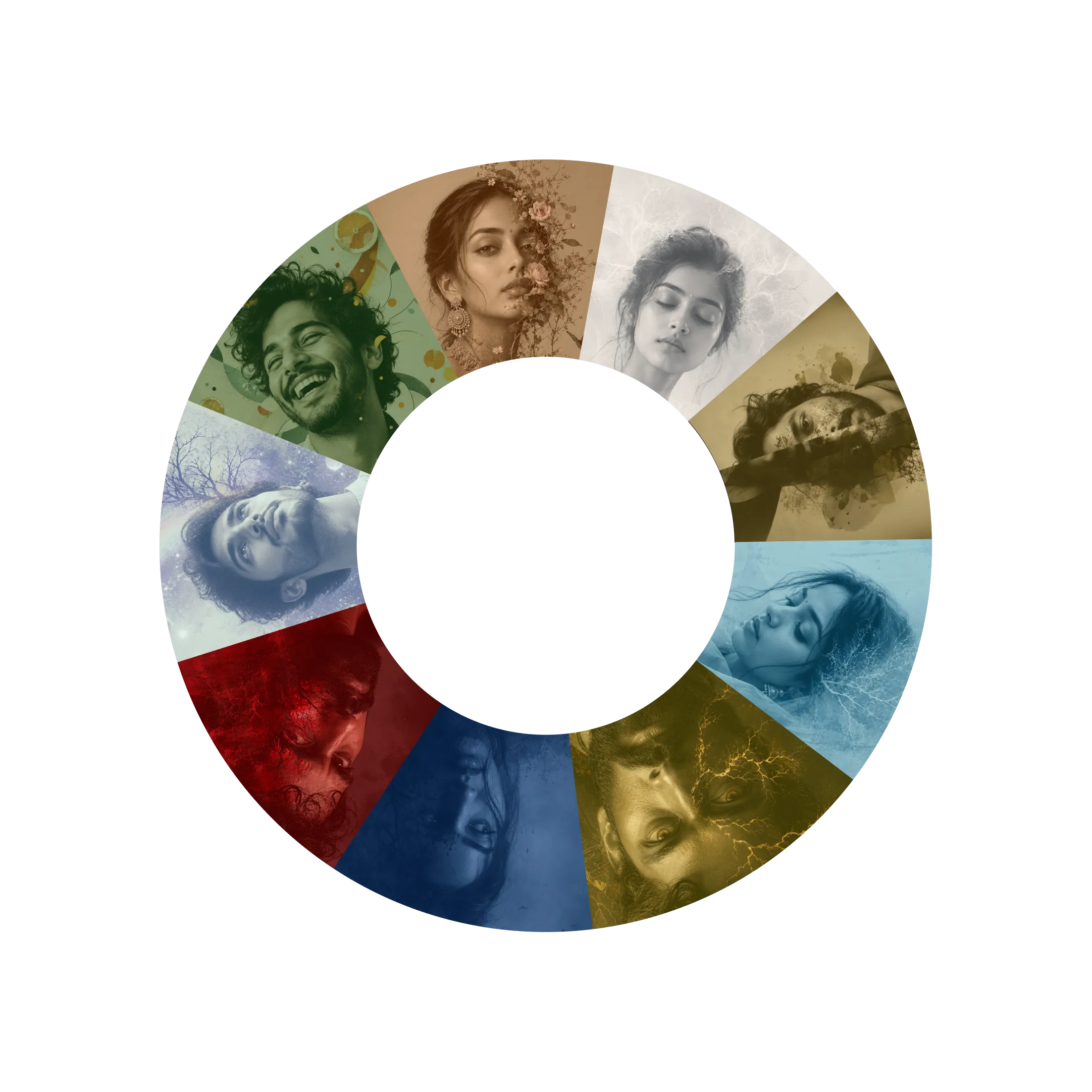 Circular collage of diverse portraits in various colors and artistic styles.