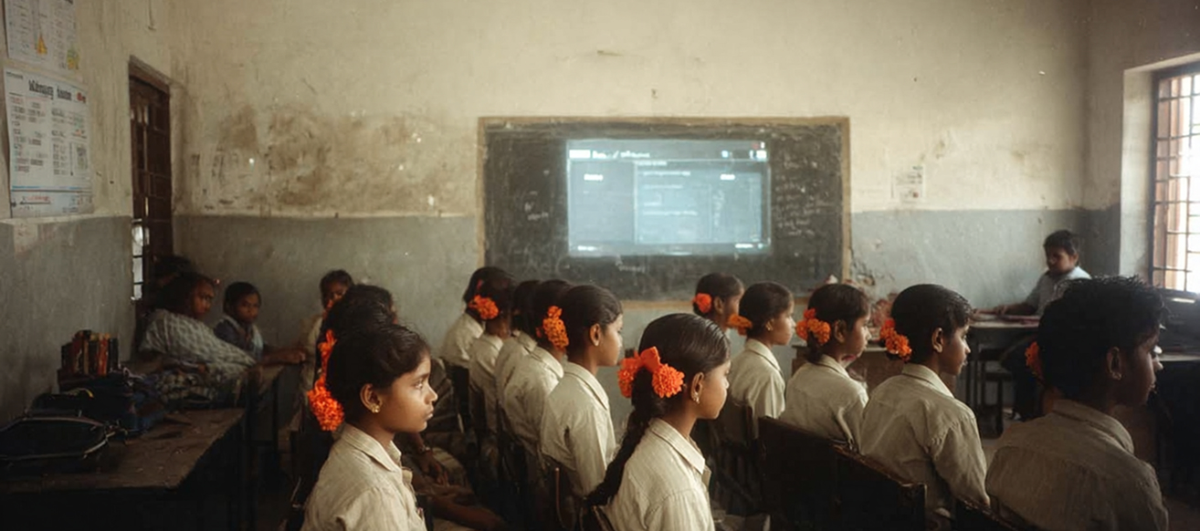 Classroom of students in uniform seated facing a blackboard with a digital projection in a worn classroom.