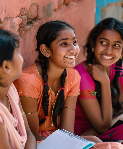 Three smiling girls in traditional Indian attire sitting together, one holding a notebook.