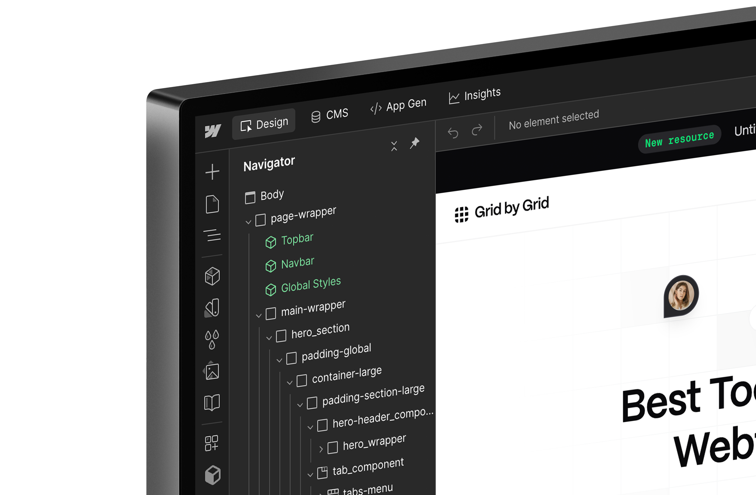 Partial view of a laptop screen showing a web design interface with a navigator panel listing page elements and a grid layout preview.