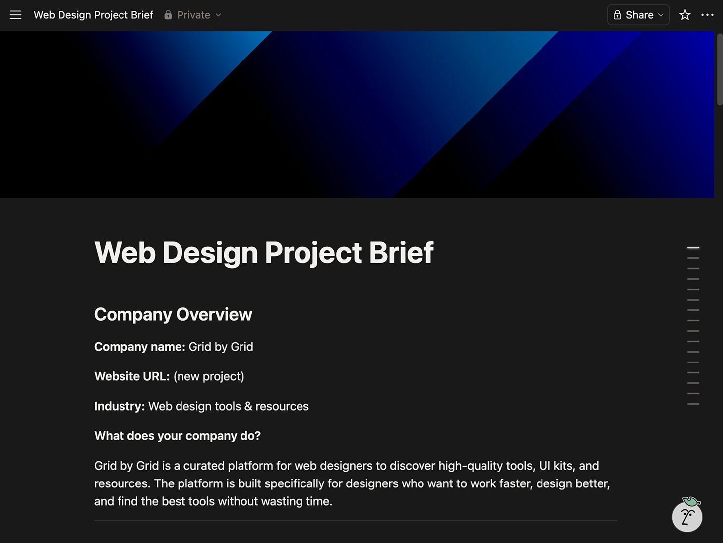 Web Design Project Brief document with company overview of Grid by Grid, a platform offering curated web design tools and resources.