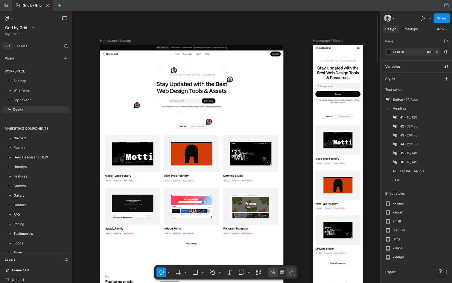 Figma design interface showing a 'Grid by Grid' web design project with laptop and mobile homepage layouts highlighting top web design tools and font foundries.