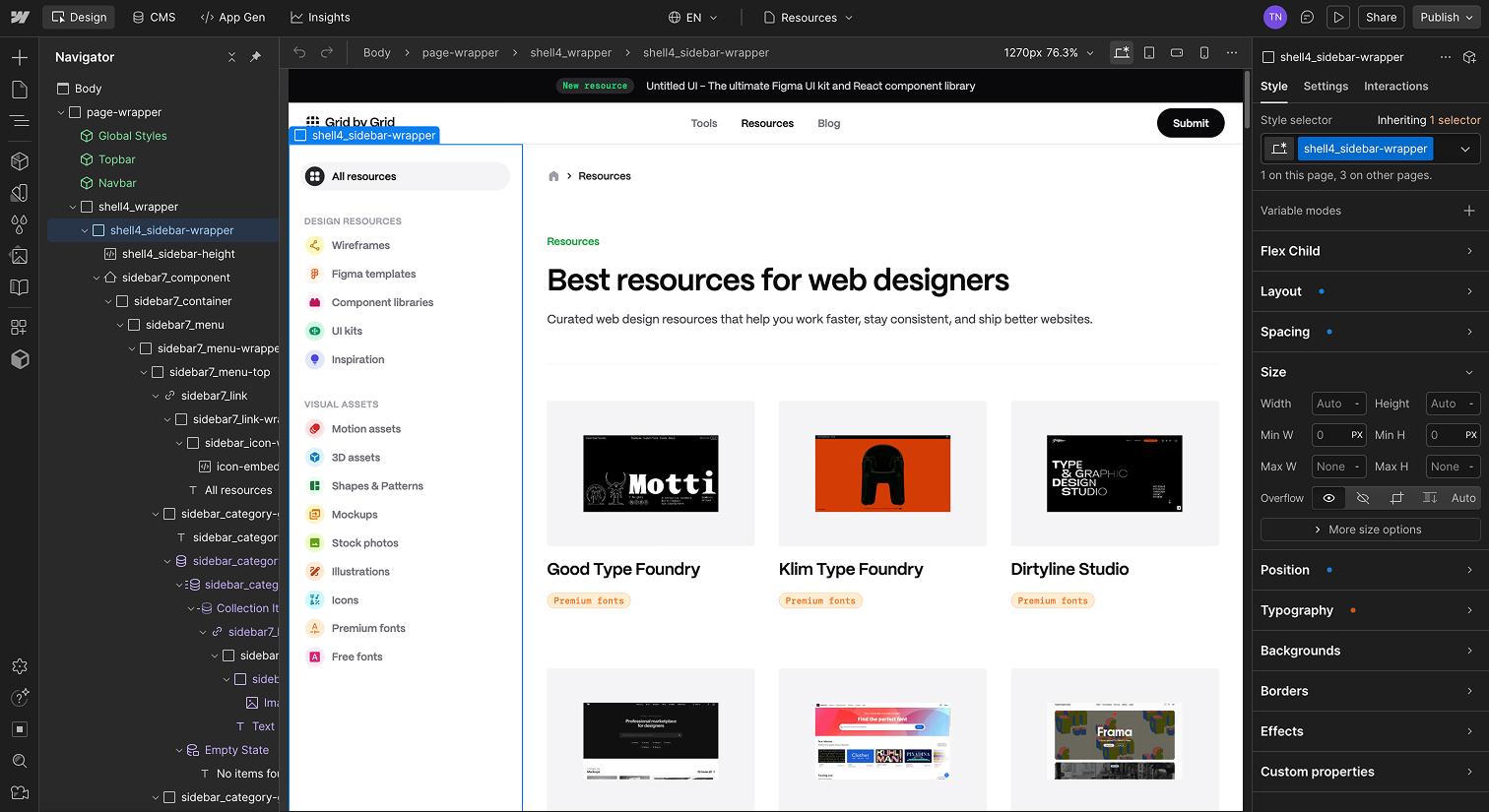 Web design interface showing a sidebar with resource categories and a main section titled 'Best resources for web designers' displaying web font foundry previews.