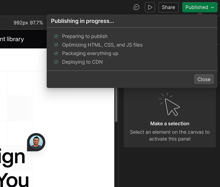 Publishing progress window showing completed steps: preparing to publish, optimizing HTML, CSS, JS files, packaging everything, and deploying to CDN.