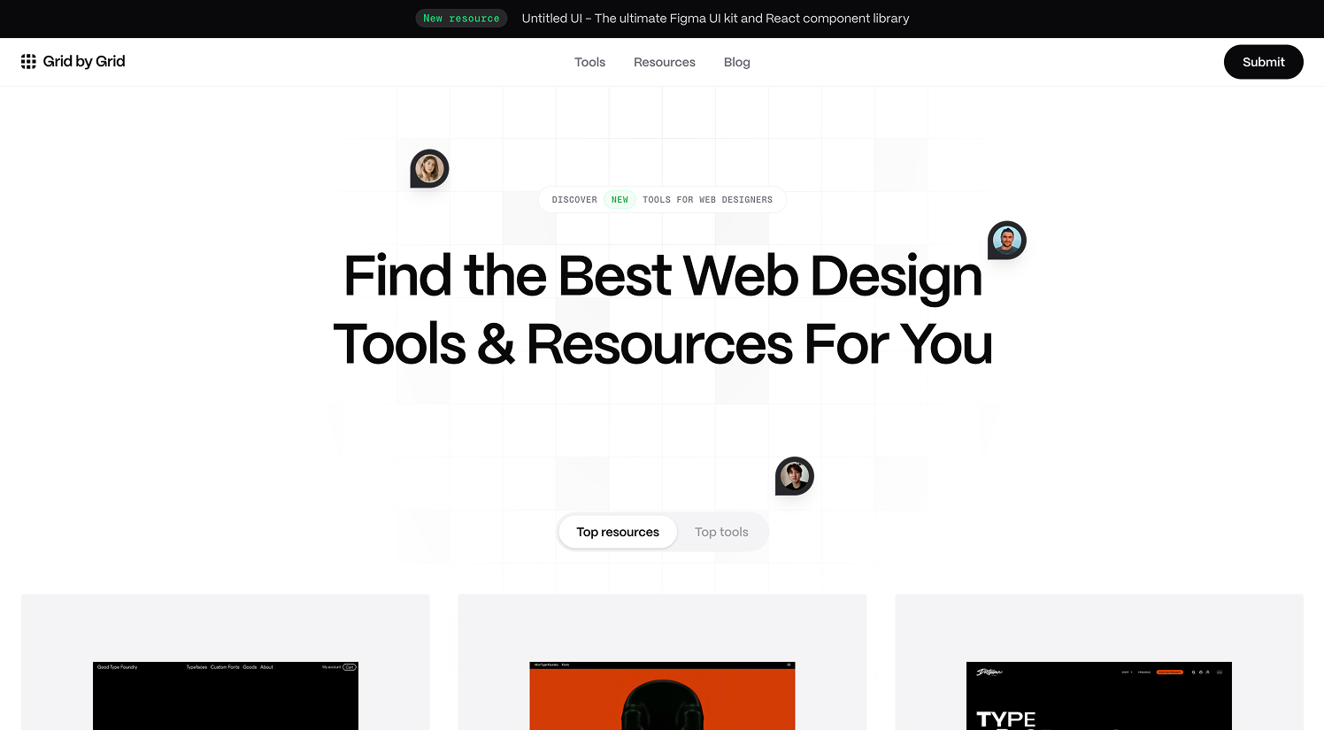 Website homepage of Grid by Grid offering web design tools and resources with featured user avatars and preview sections.