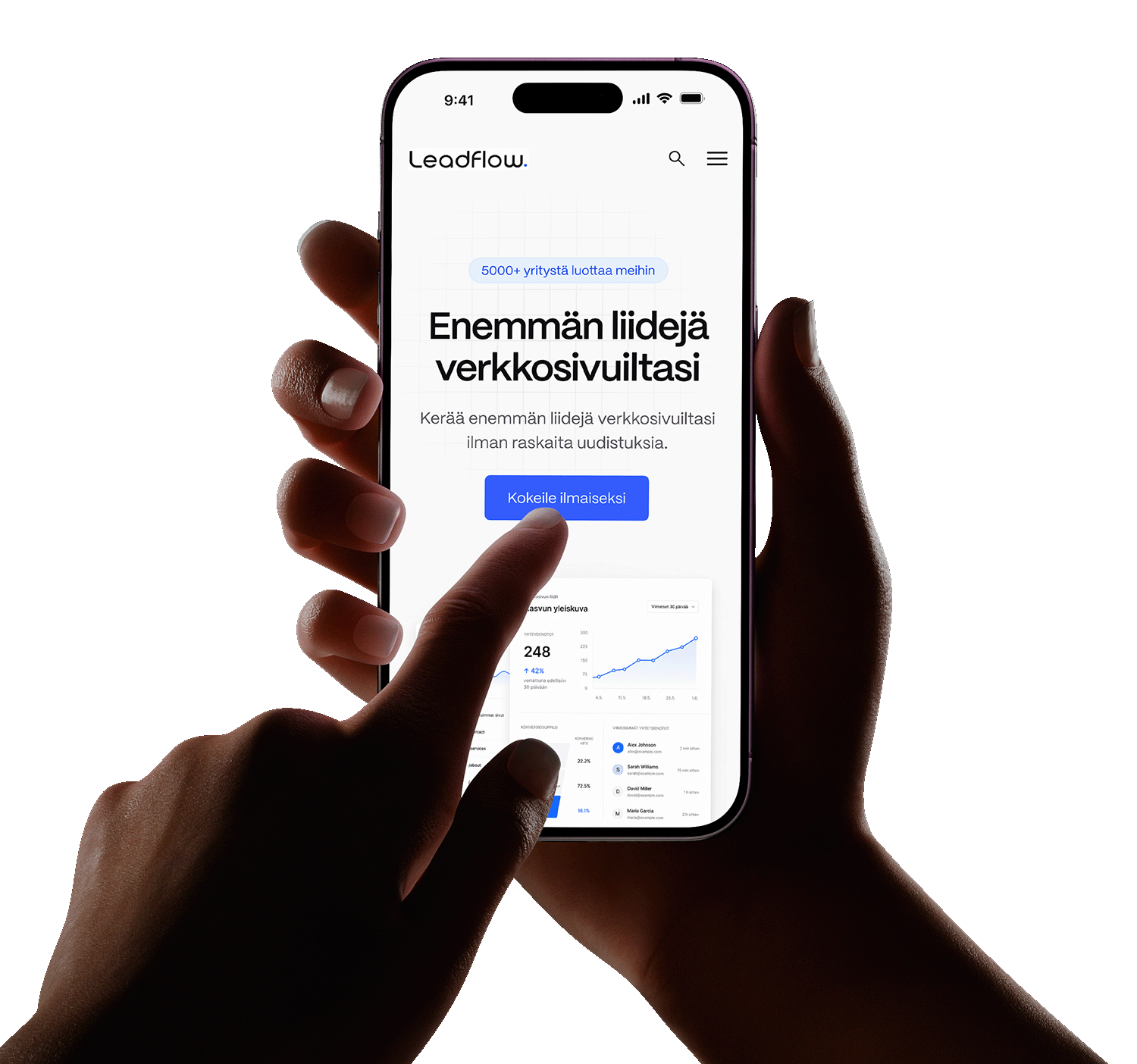 Käsi koskettaa puhelimen näyttöä, jossa näkyy Leadflow-palvelun moderni mobiilinäkymä liidien kasvattamiseen verkkosivuilta.