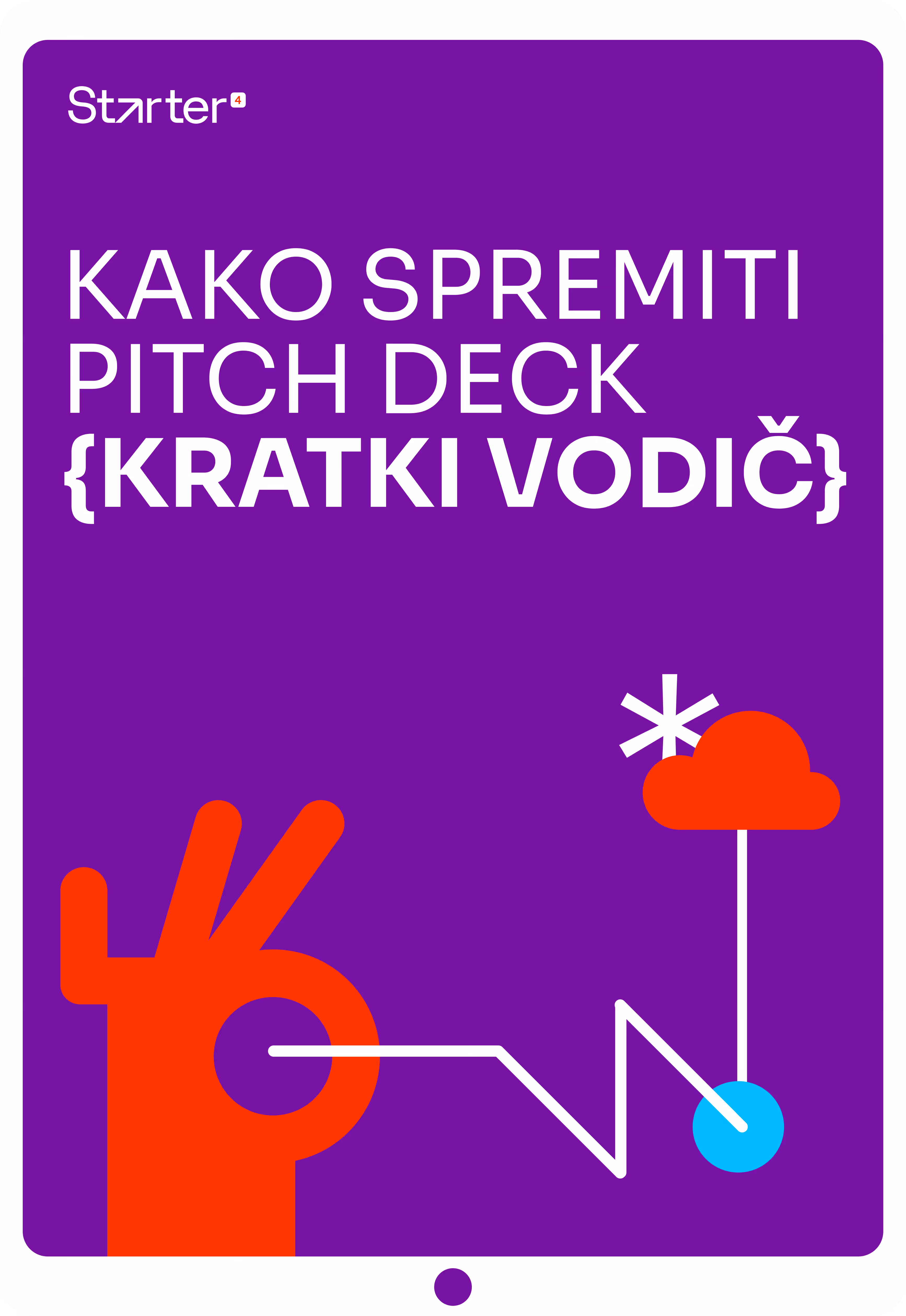 Naslovnica vodiča sa ljubičastom pozadinom i natpisom Kako spremiti pitch deck kratki vodič, sa ilustracijom crvene ruke i grafikom.