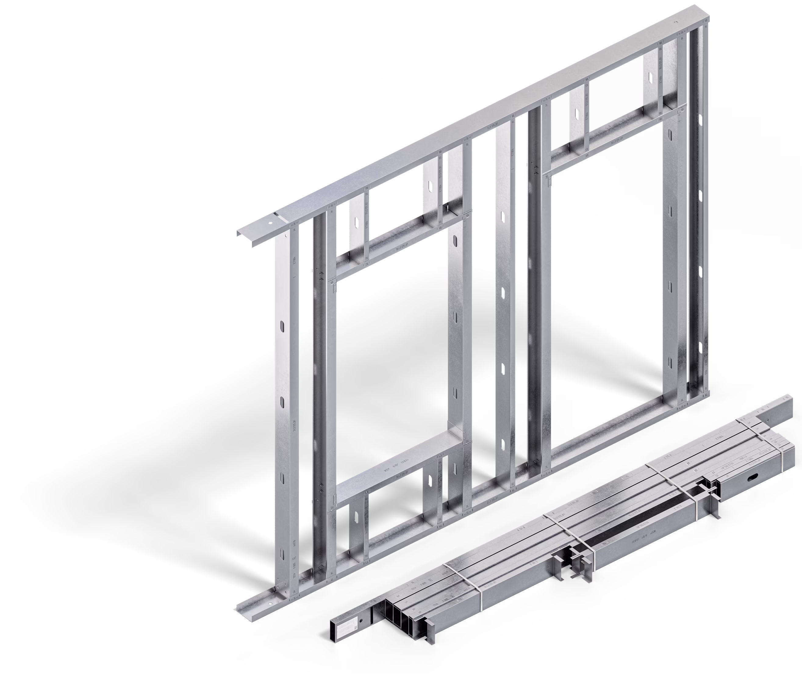 Metal frame structure with vertical beams and a magnified circular inset showing a close-up of the beam joints, alongside bundled metal beams tied together.