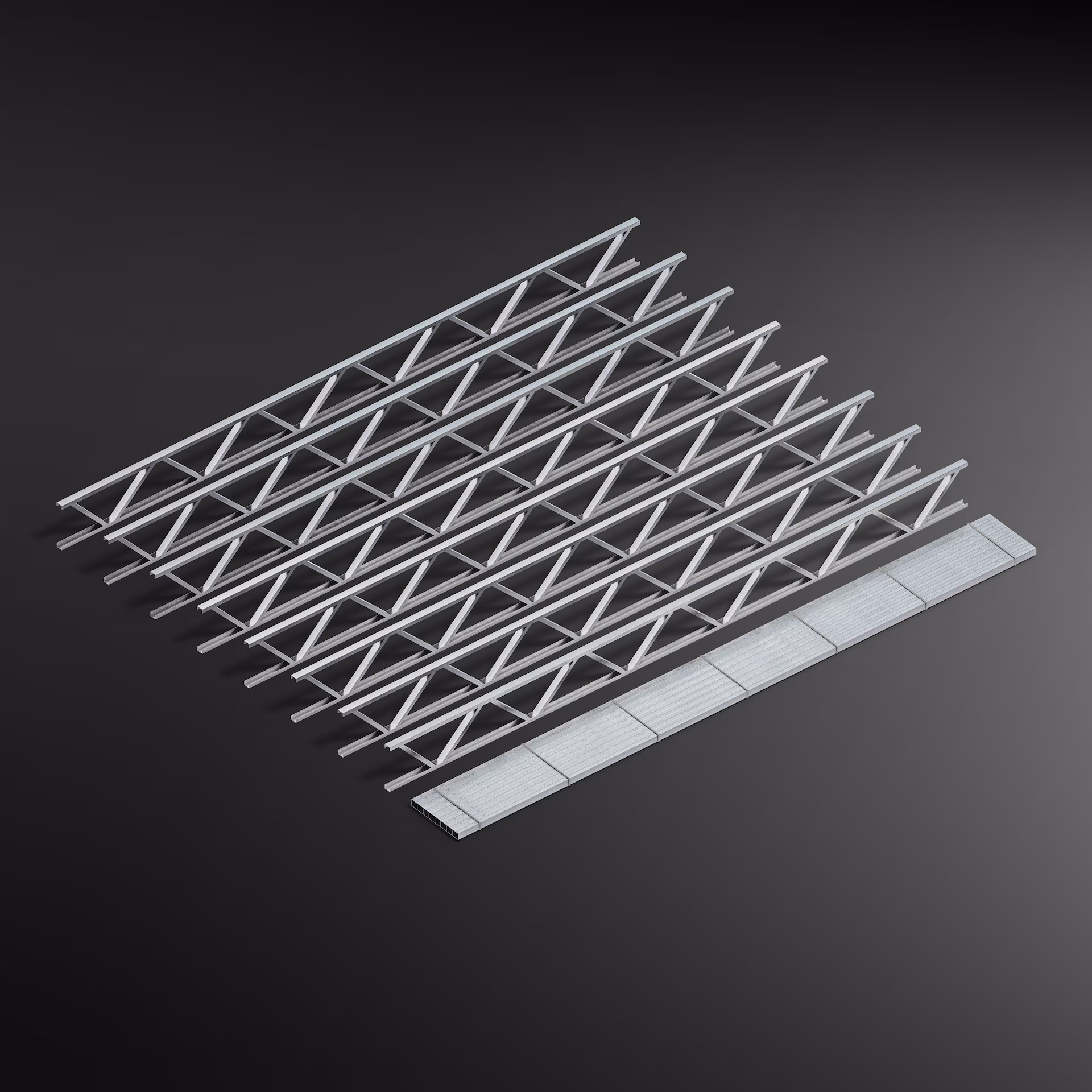 Six parallel gray steel floor joists and a complementary rectangular panel with sections, on a dark gray background.