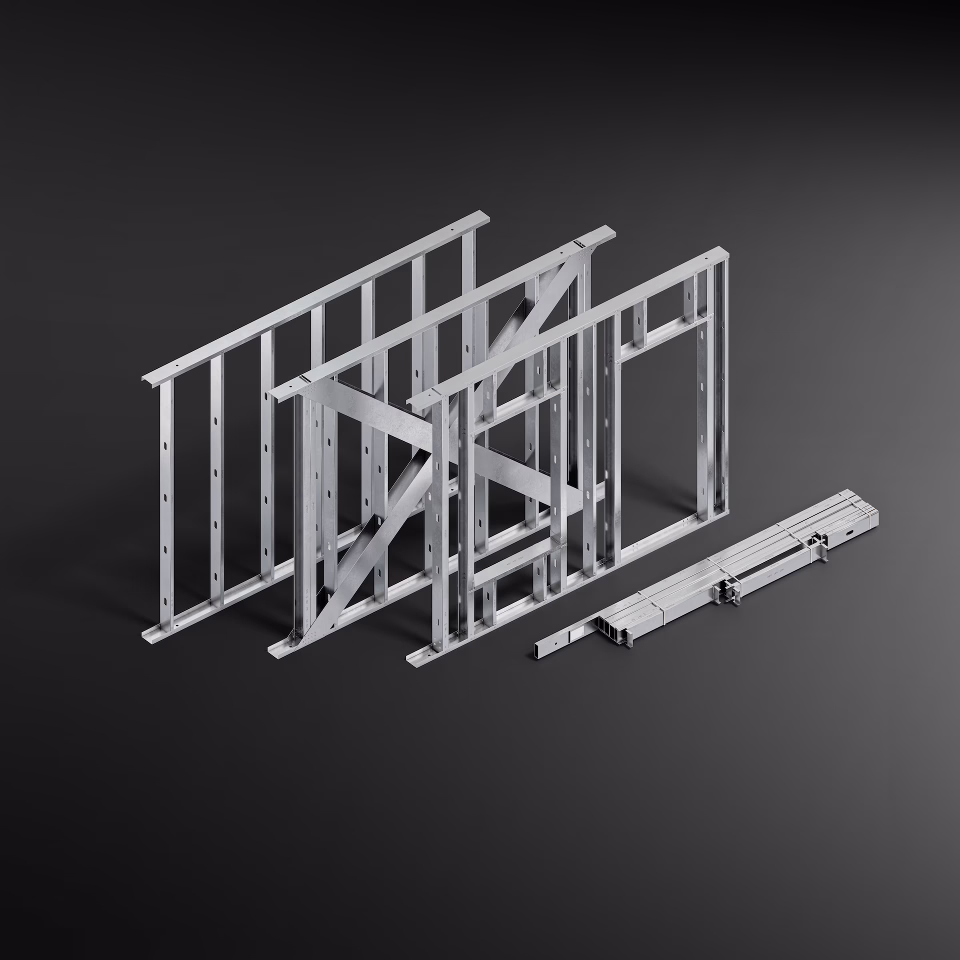 Three metallic wall frames and a set of connected metal components on a dark surface.