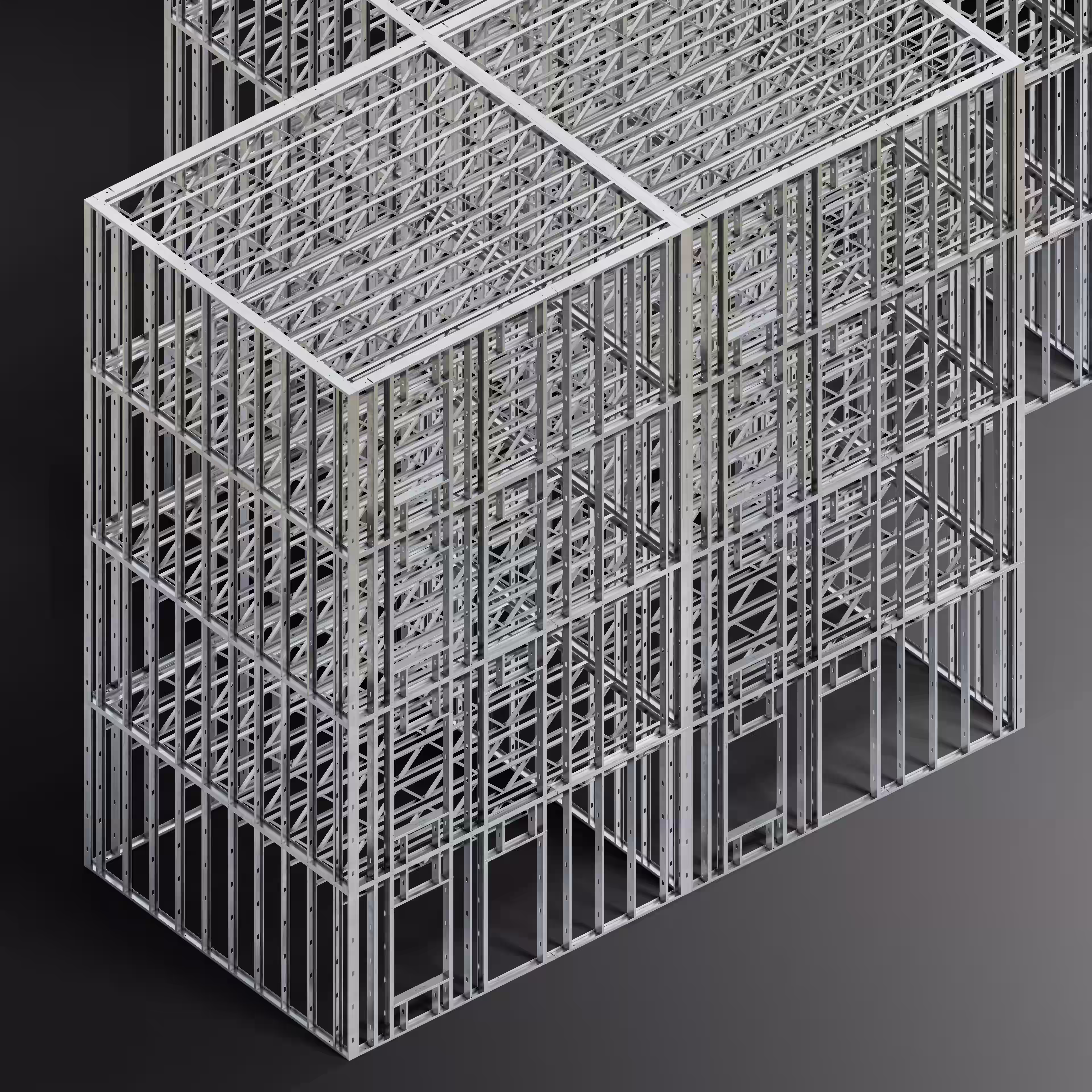 3D model of a multi-level building structure with exposed steel framing and trusses.