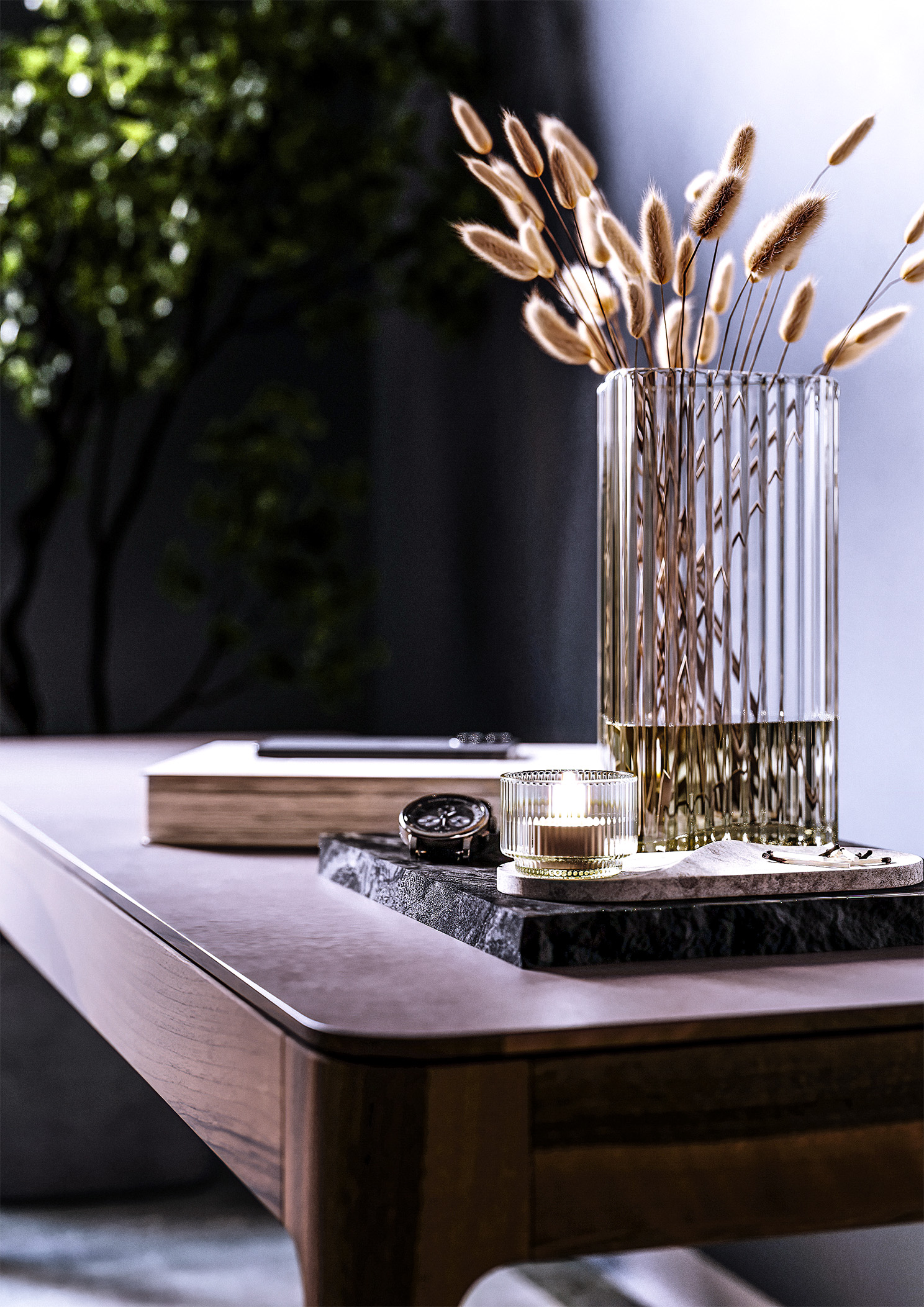 3D Tisch mit Vase und Uhr