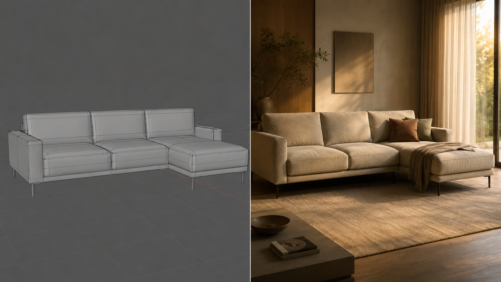 CAD Modell vs fotorealistische 3D Visualisierung eines Sofas