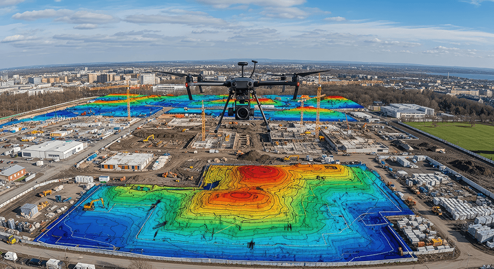 Un drone survole un chantier avec une carte topographique colorée superposée au sol.