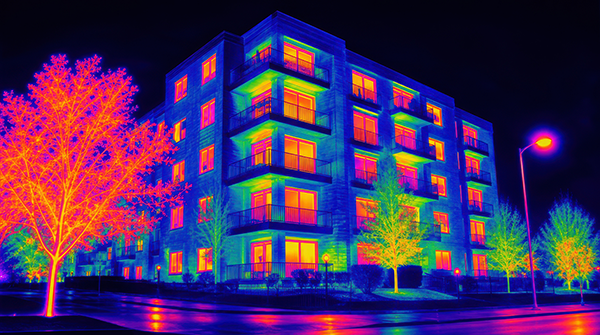 Immeuble résidentiel et arbres vus en image thermique aux couleurs vives la nuit.