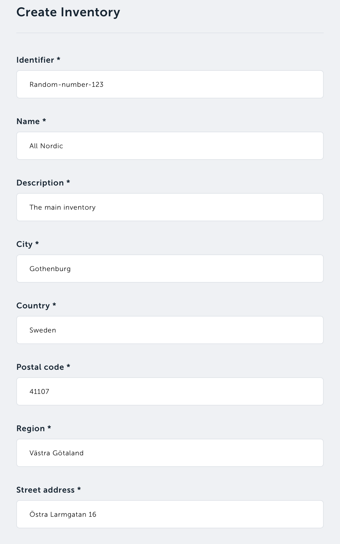 Enter information to create a new inventory