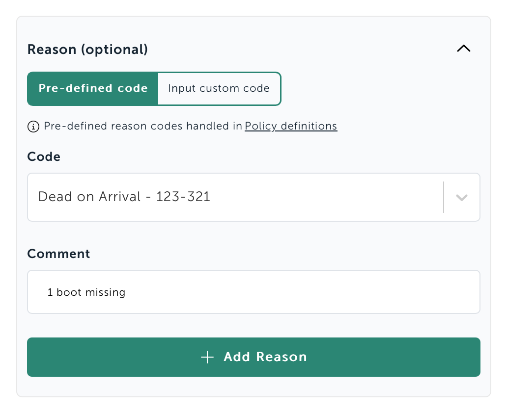 Select reason code and add comment