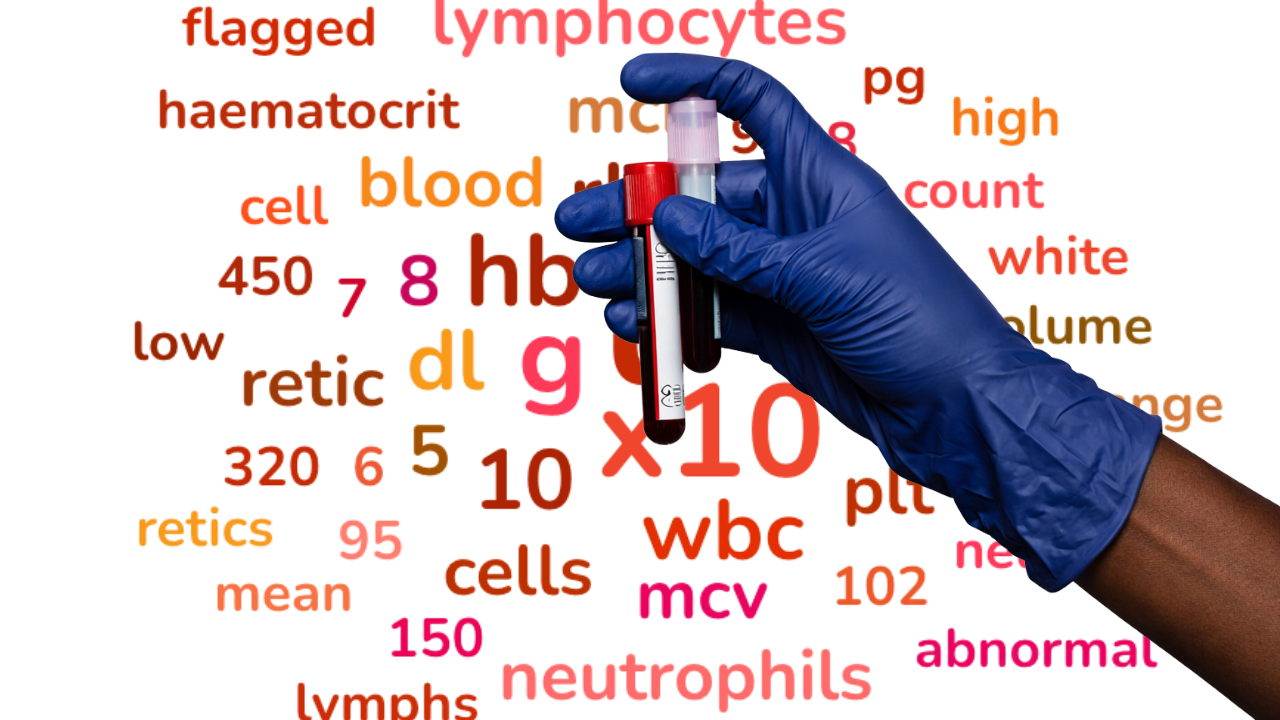 Gloved hand holding blood sample tubes with full blood count terms like haemoglobin, white cells and platelets in background