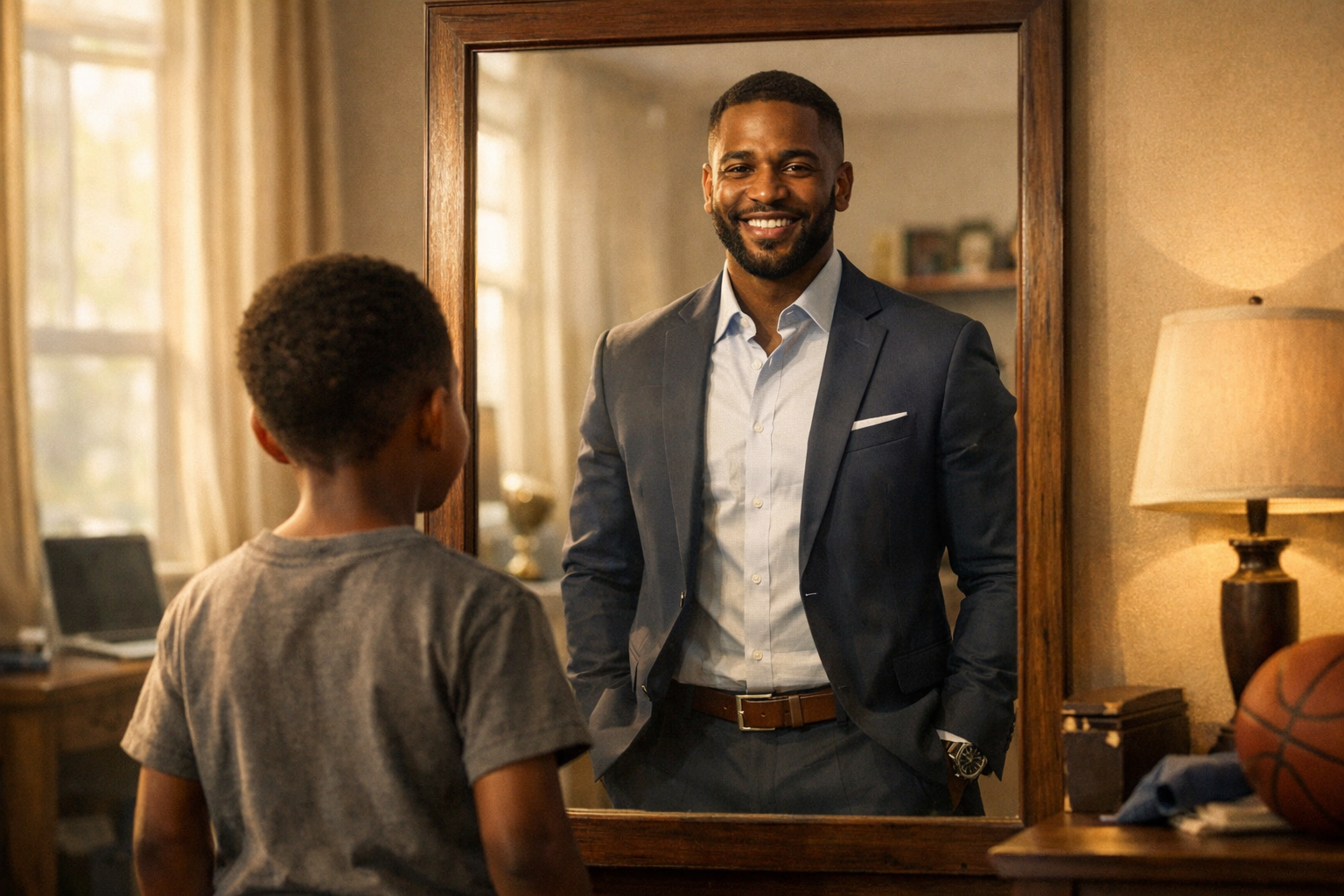 Child looking in mirror seeing himself as a healthy adult, representing improved life expectancy in sickle cell disease