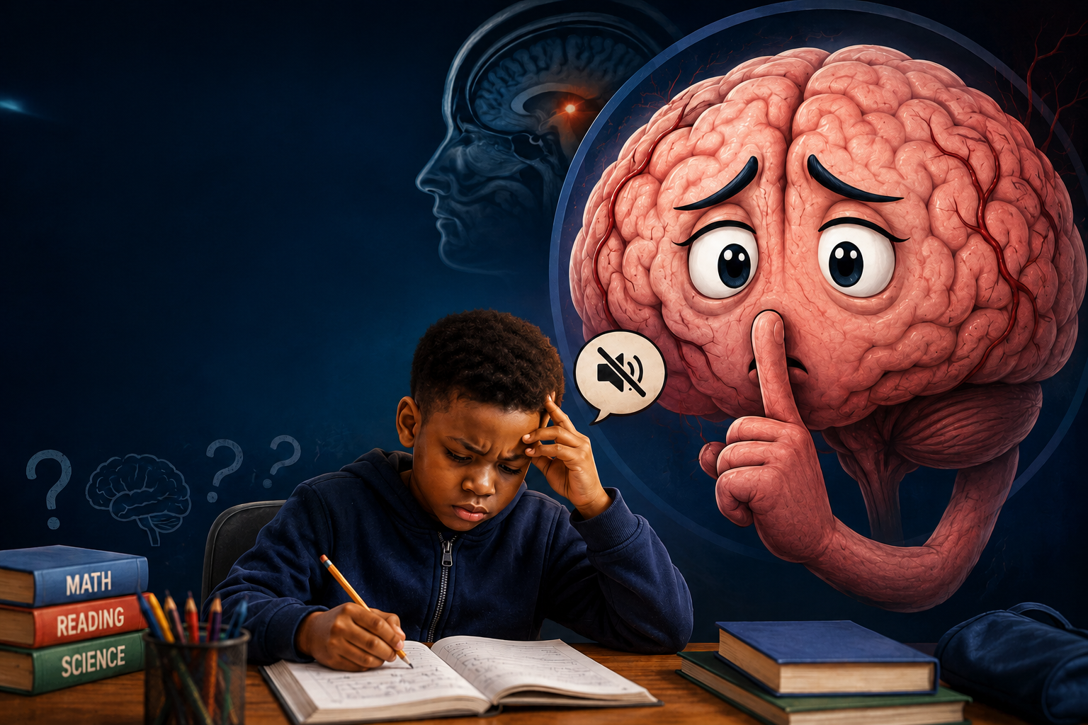 Illustration of a child with sickle cell struggling at school beside a cartoon brain, representing silent strokes and hidden brain injury risk in sickle cell disease.