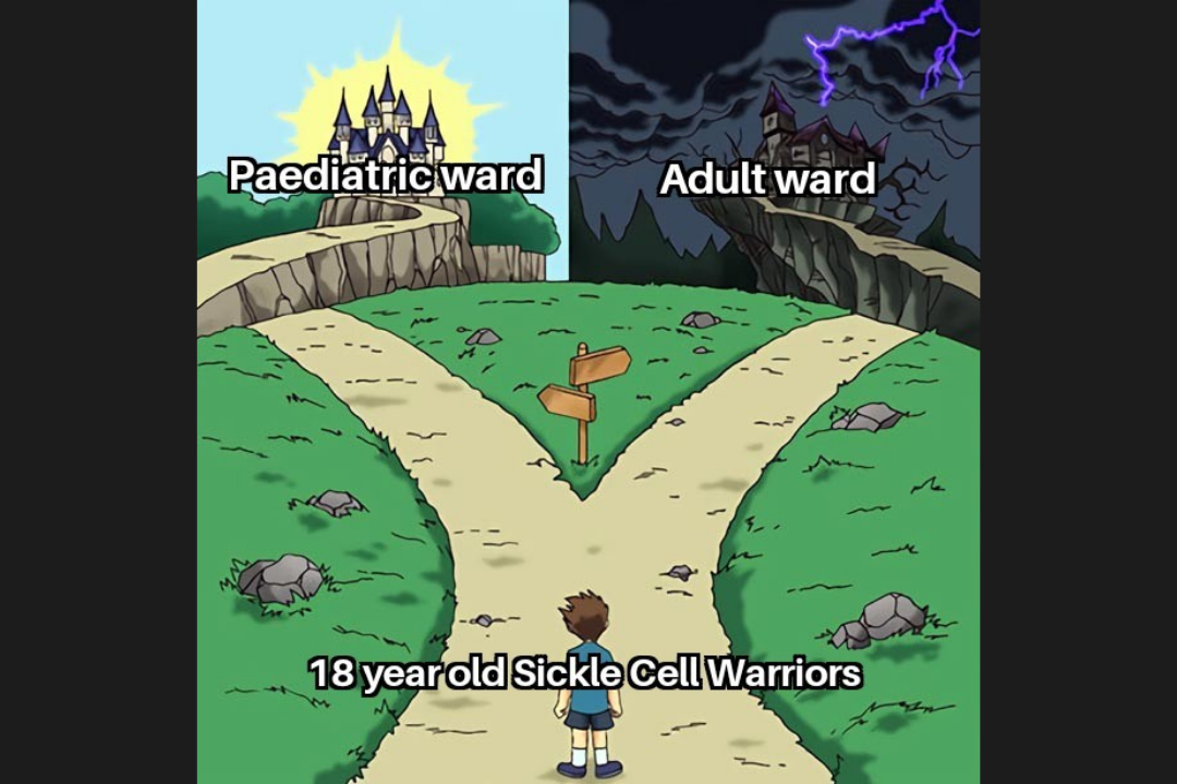 Illustration of an 18-year-old with sickle cell standing at a crossroads between a bright paediatric ward and a dark adult ward, symbolising the transition from paediatric to adult sickle cell care.