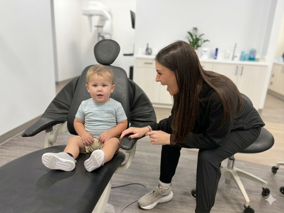 A smiling dental professional comforting a young boy in a dental chair during his first pediatric visit in Lawrenceburg