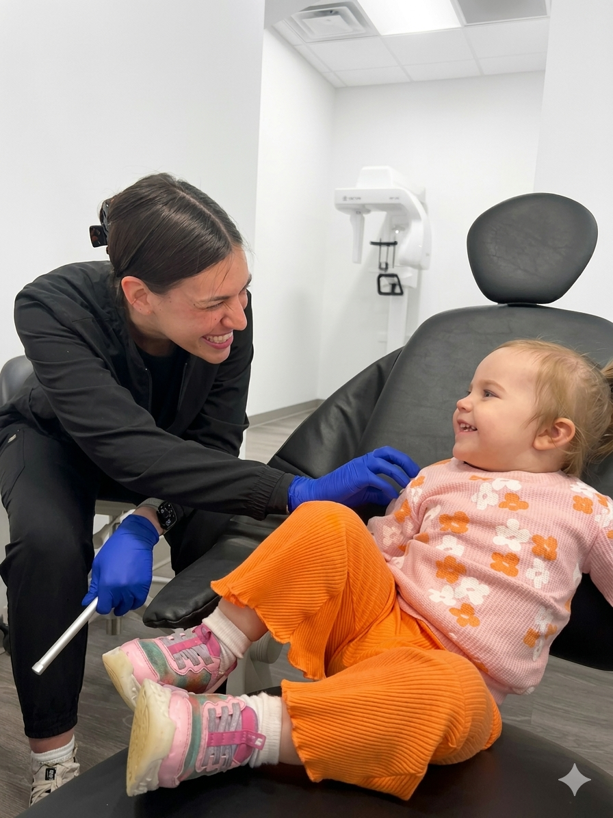 A giggling toddler girl enjoying a comfortable and gentle dental visit with a smiling pediatric dentist in Lawrenceburg dentist office