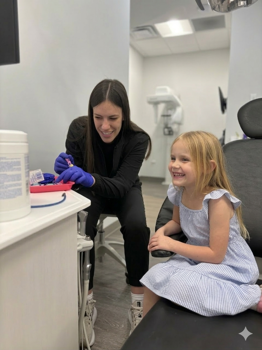 A curious child learning about a dental tool with a gentle pediatric dentist at our Lawrenceburg pediatric dental office
