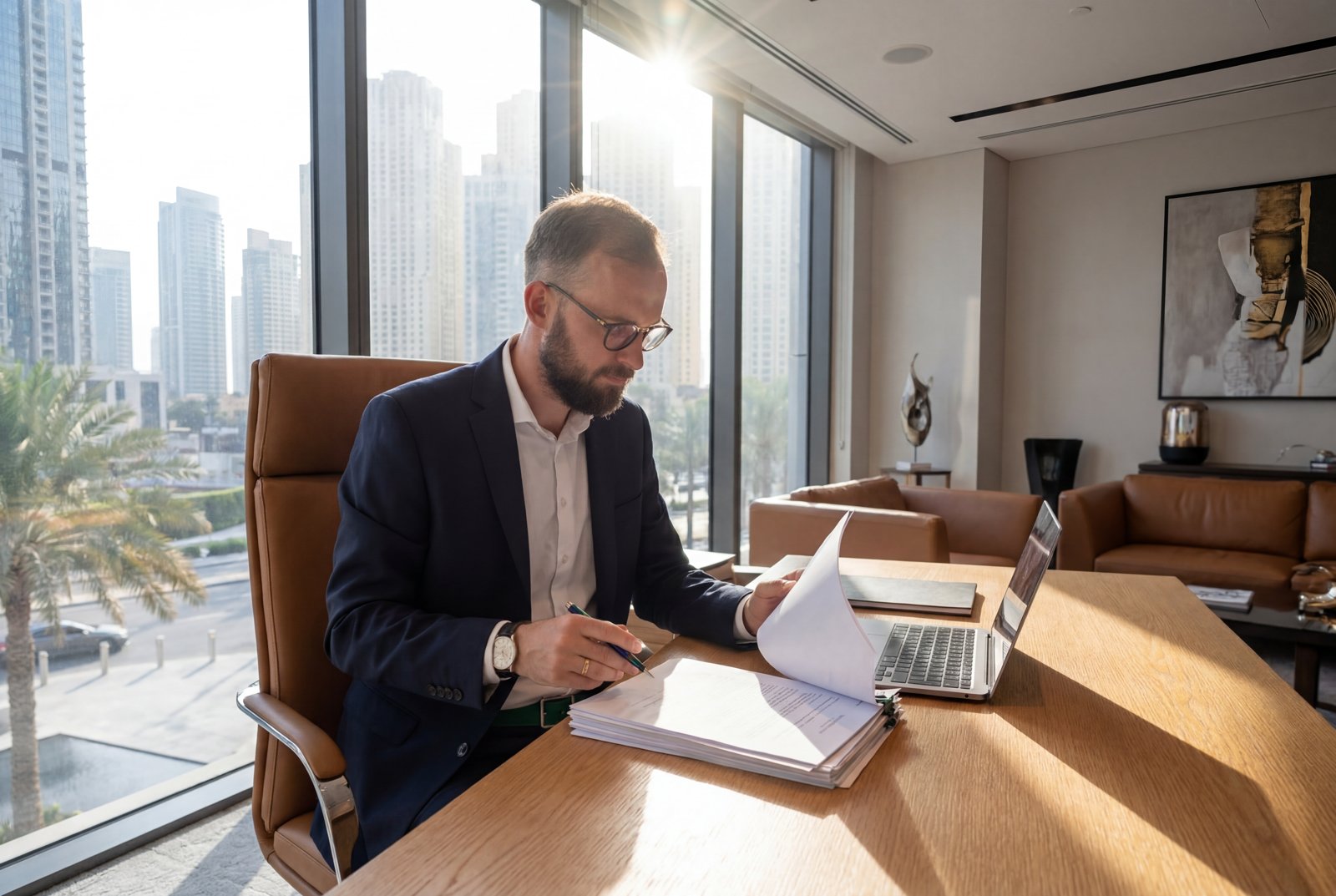 Partner working alone at a consolidated desk above the city
