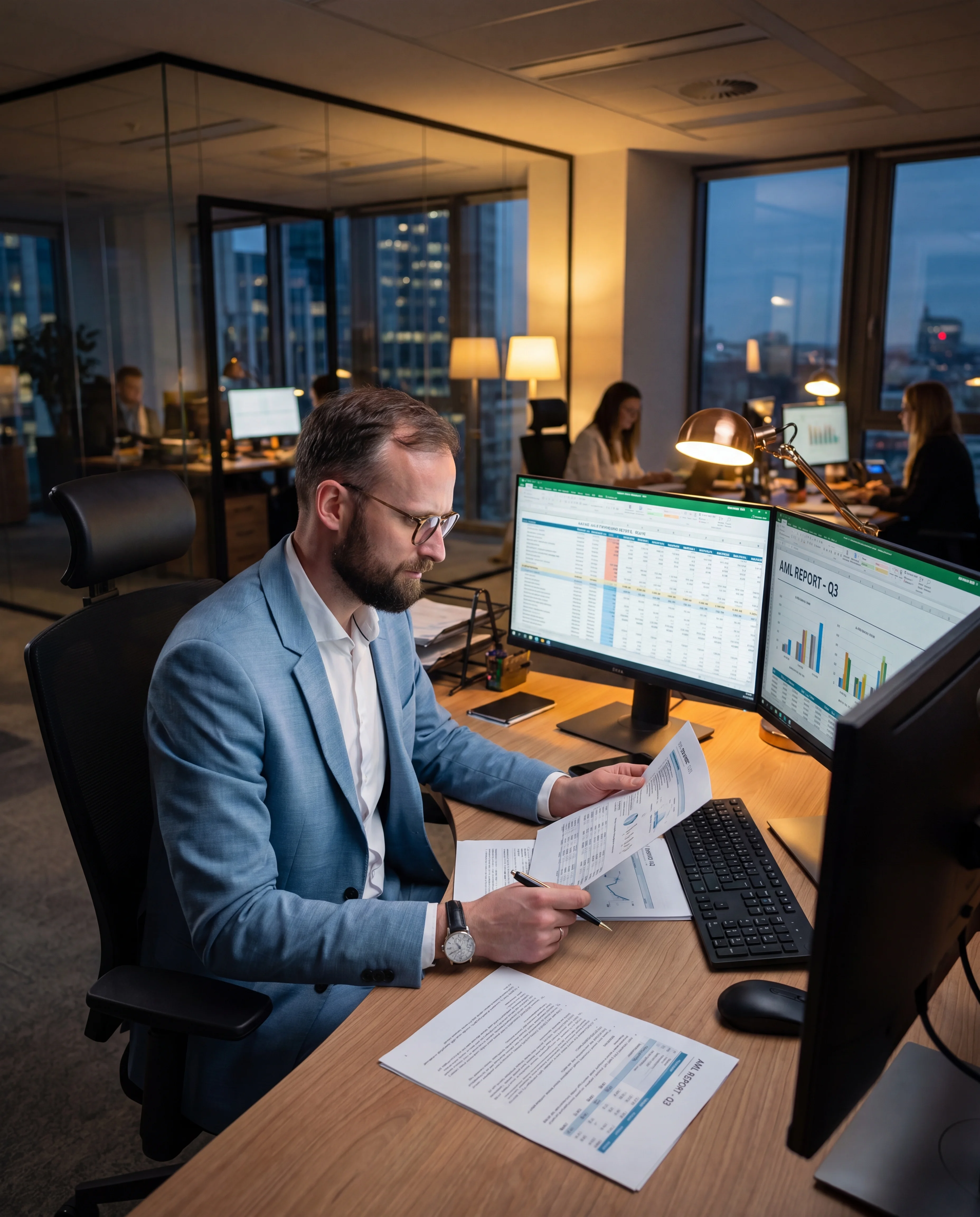 Reviewing a printed financial report against dual monitors in an office at dusk