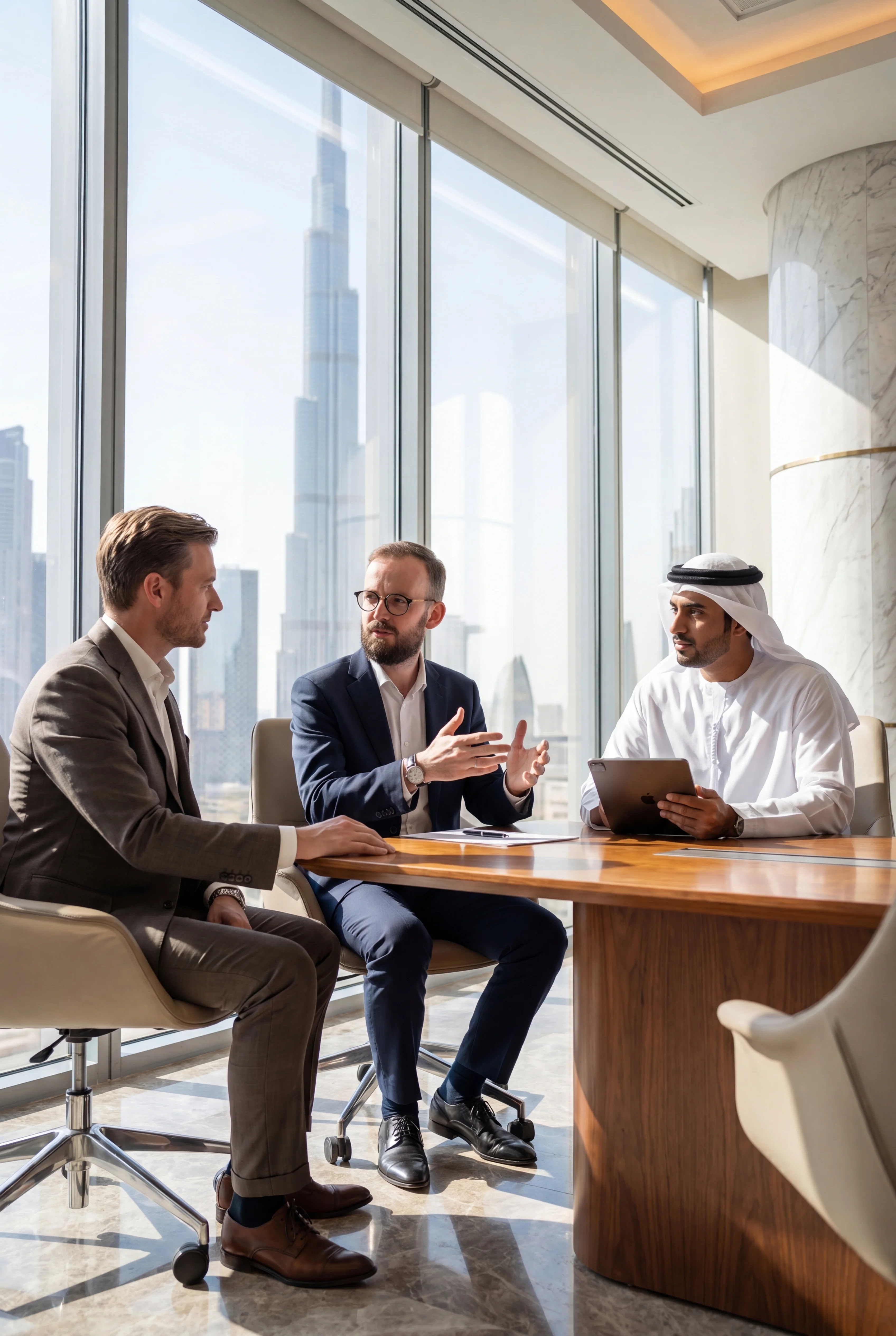 Meeting with an Emirati partner beside the Dubai skyline