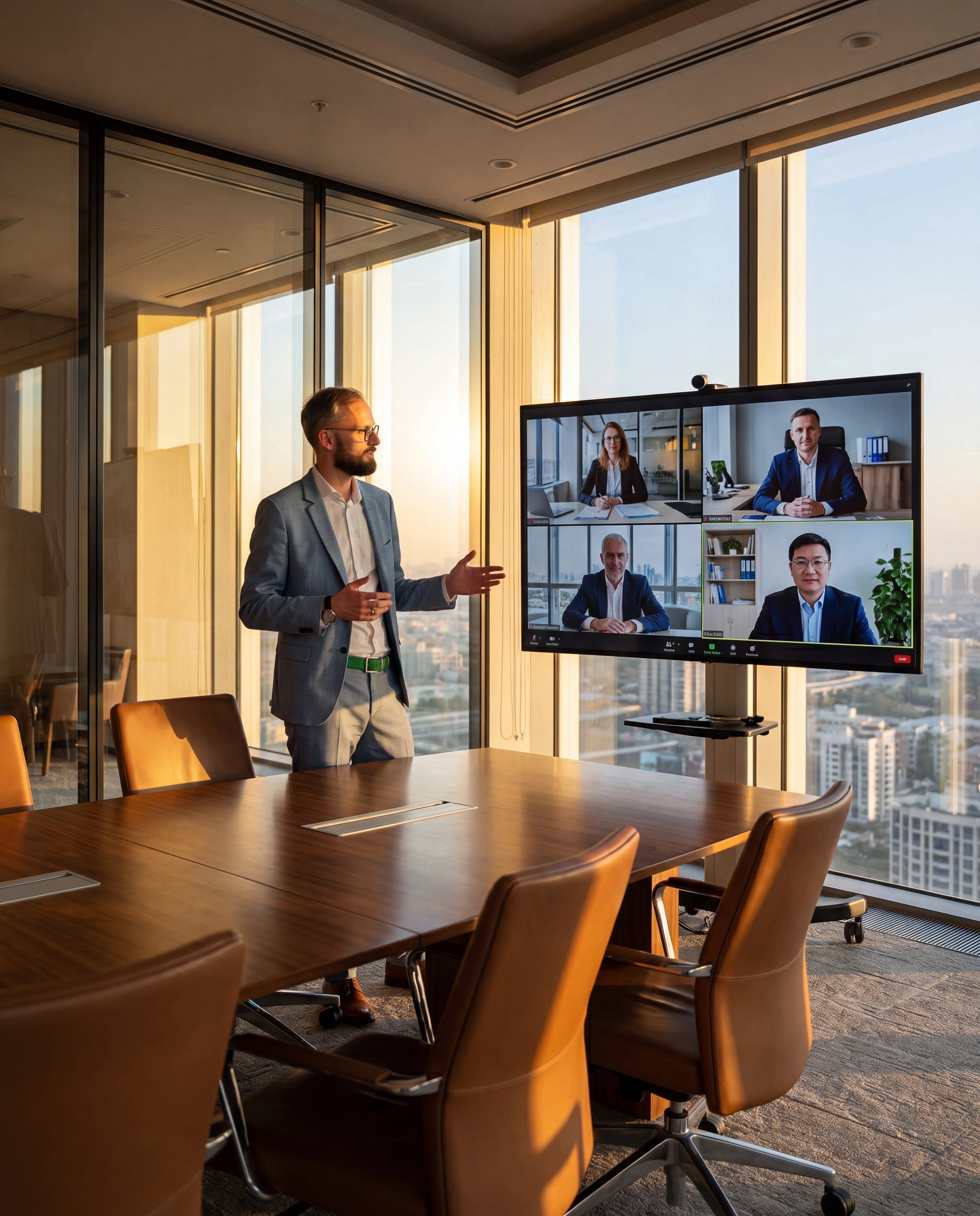 Presenting to four remote participants on a boardroom video call at sunset