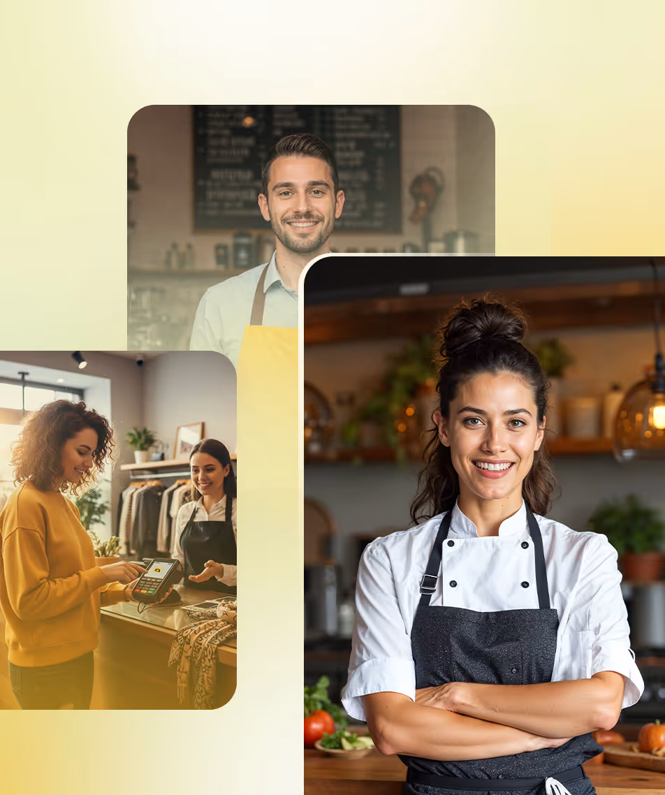 Collage of smiling retail and food service workers including a female chef, a male barista, and a customer paying in a boutique.