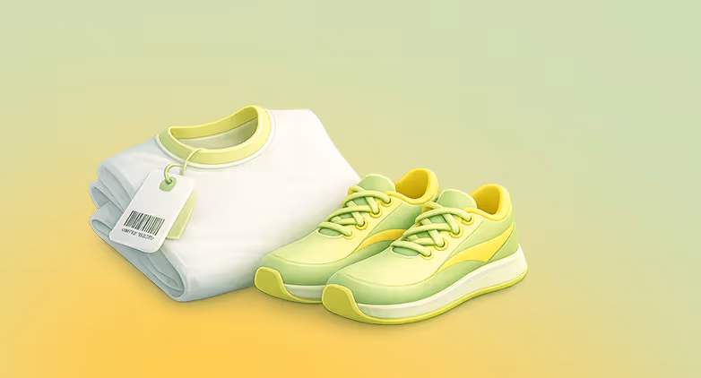 Folded white and light green T-shirt with a price tag next to a pair of light green and yellow sneakers.