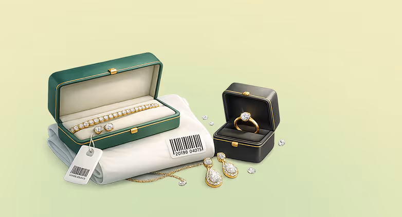 Gold jewelry including a diamond bracelet and earrings in a green box, a diamond ring in a black box, and a gold necklace with scattered diamonds on a light green background.