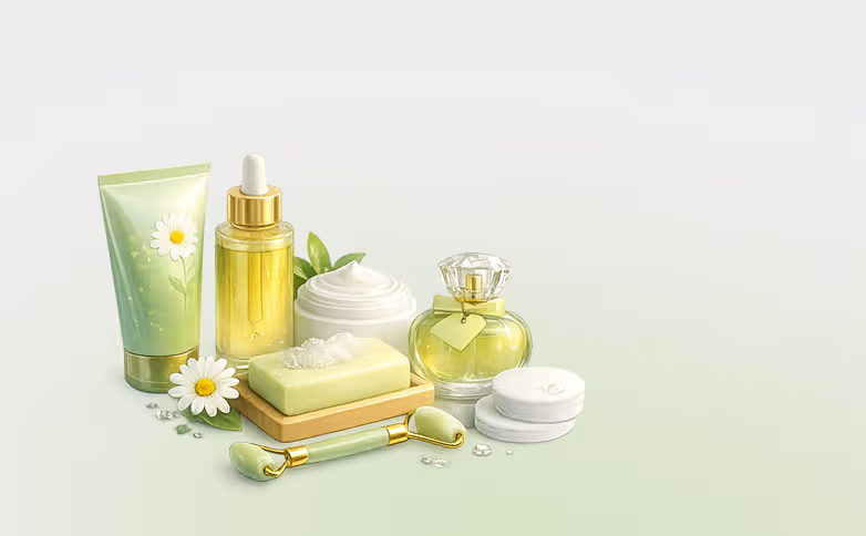Arrangement of green-themed skincare products including a lotion tube, dropper bottle, cream jar, bar soap on a wooden tray, perfume bottle, cotton pads, two daisies, and a jade roller.