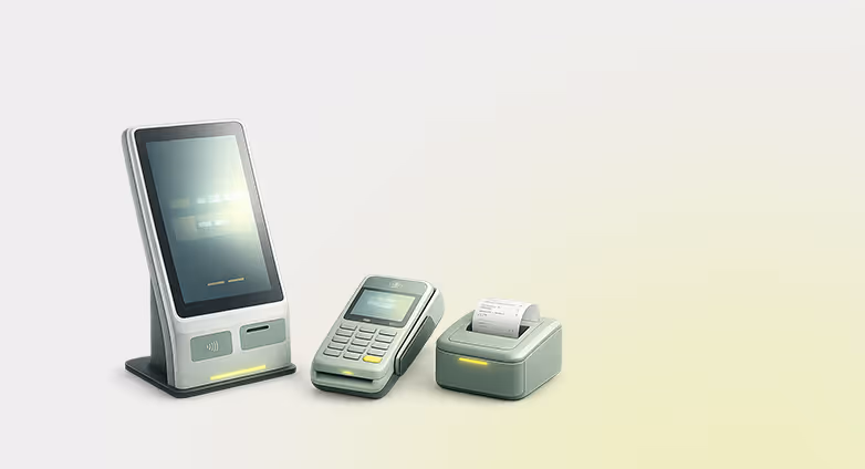 Three electronic payment devices: a touchscreen kiosk, a card reader, and a receipt printer.