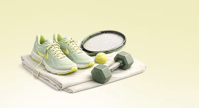 Pair of light green running shoes, tennis racket, tennis ball, dumbbell, and folded white cloth on a light background.