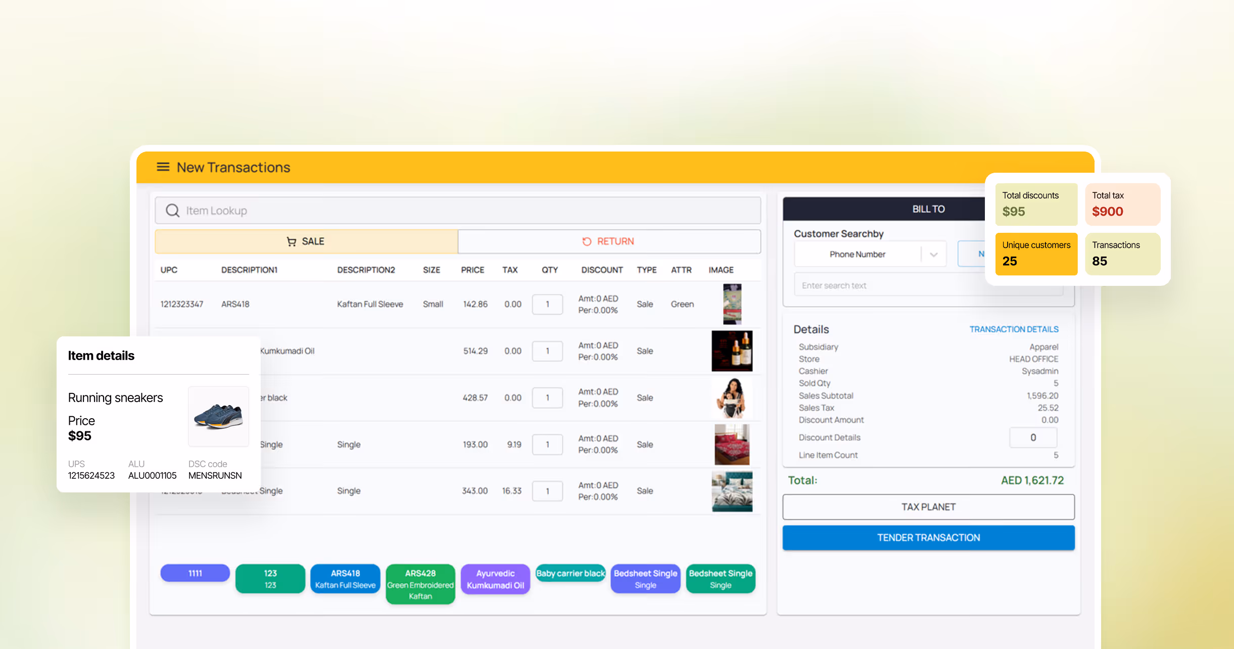 Retail transaction dashboard showing item list with details including running sneakers priced at $95, total discounts $95, total tax $900, unique customers 25, and transactions 85.
