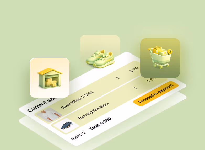 E-commerce checkout summary showing 2 items: Basic White T-Shirt priced at $110 and Running Sneakers priced at $90, with a total of $200 and a 'Proceed to payment' button.