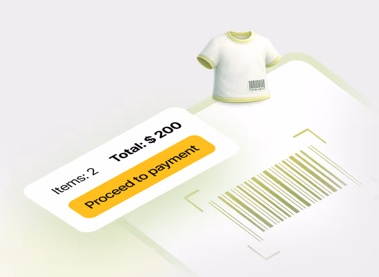 Digital checkout interface showing 2 items totaling $200 with a proceed to payment button and a t-shirt with barcode scanning concept.