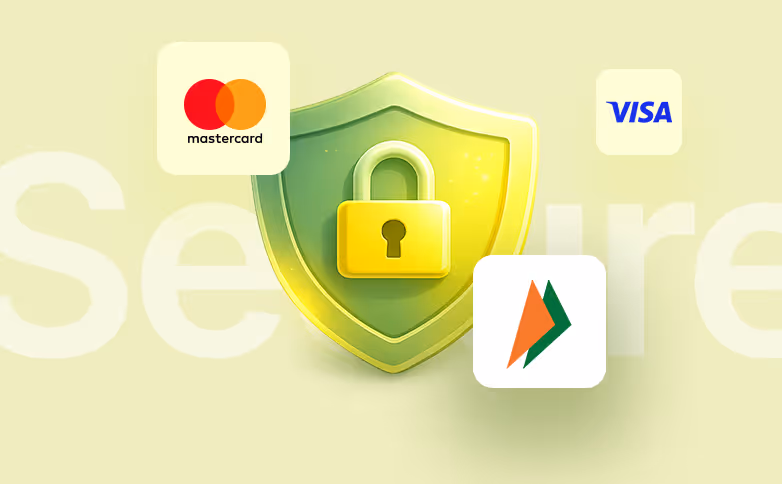 Shield with a yellow padlock symbolizing secure payments, surrounded by Mastercard, Visa, and another payment service logos.